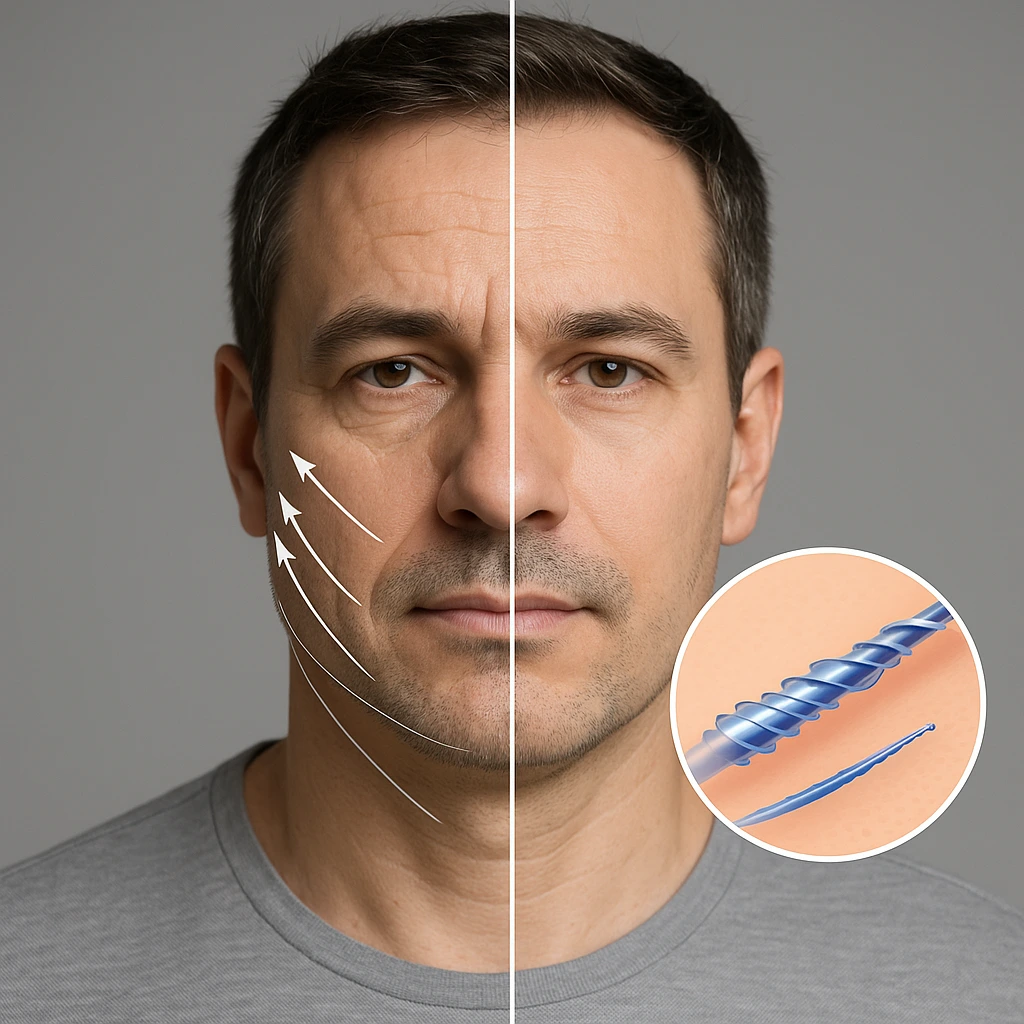 Imagem ilustrativa de fios de PDO no rosto masculino